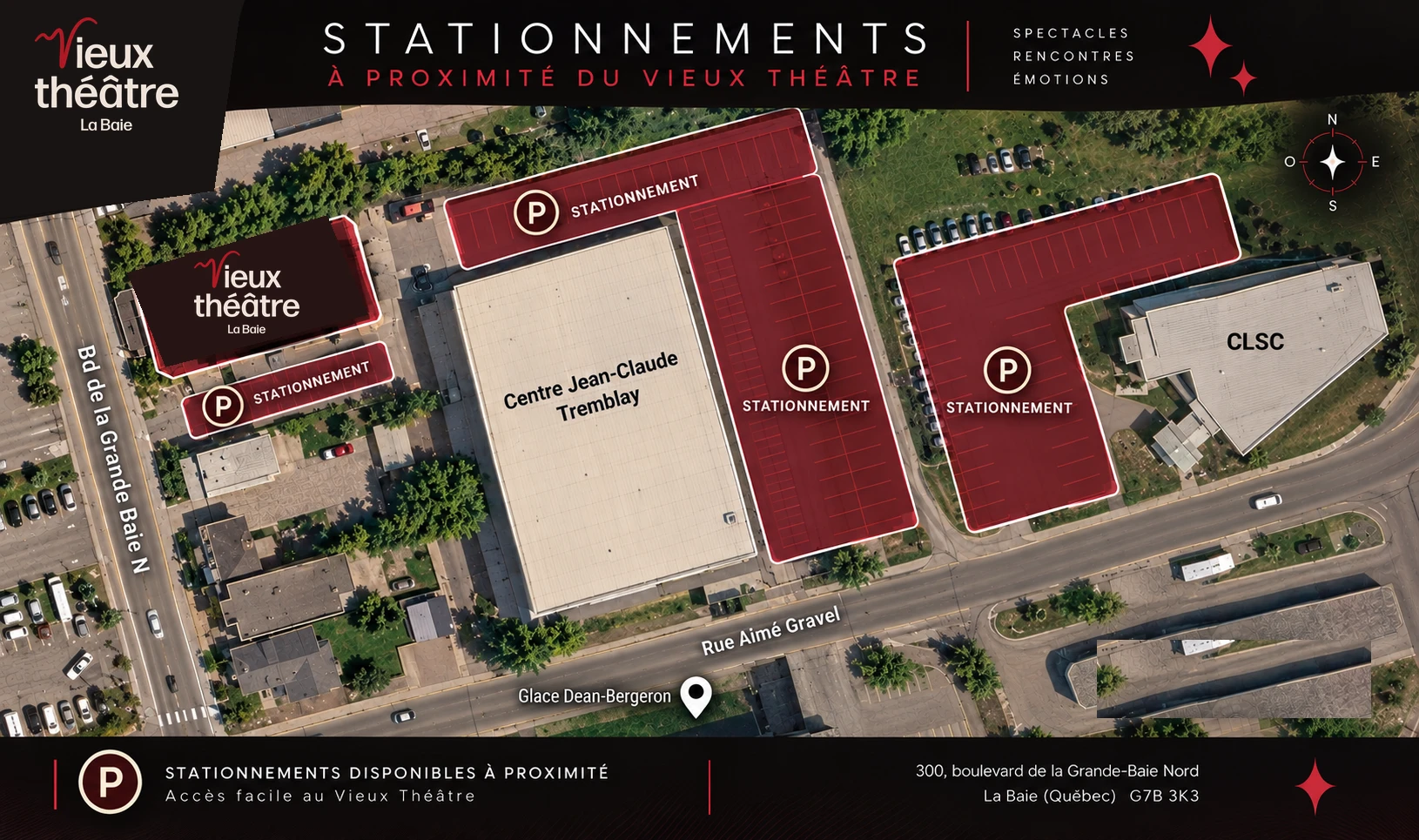 Carte des stationnements à proximité du Vieux théâtre : à côté du théâtre, derrière le Centre Jean-Claude-Tremblay et près du CLSC